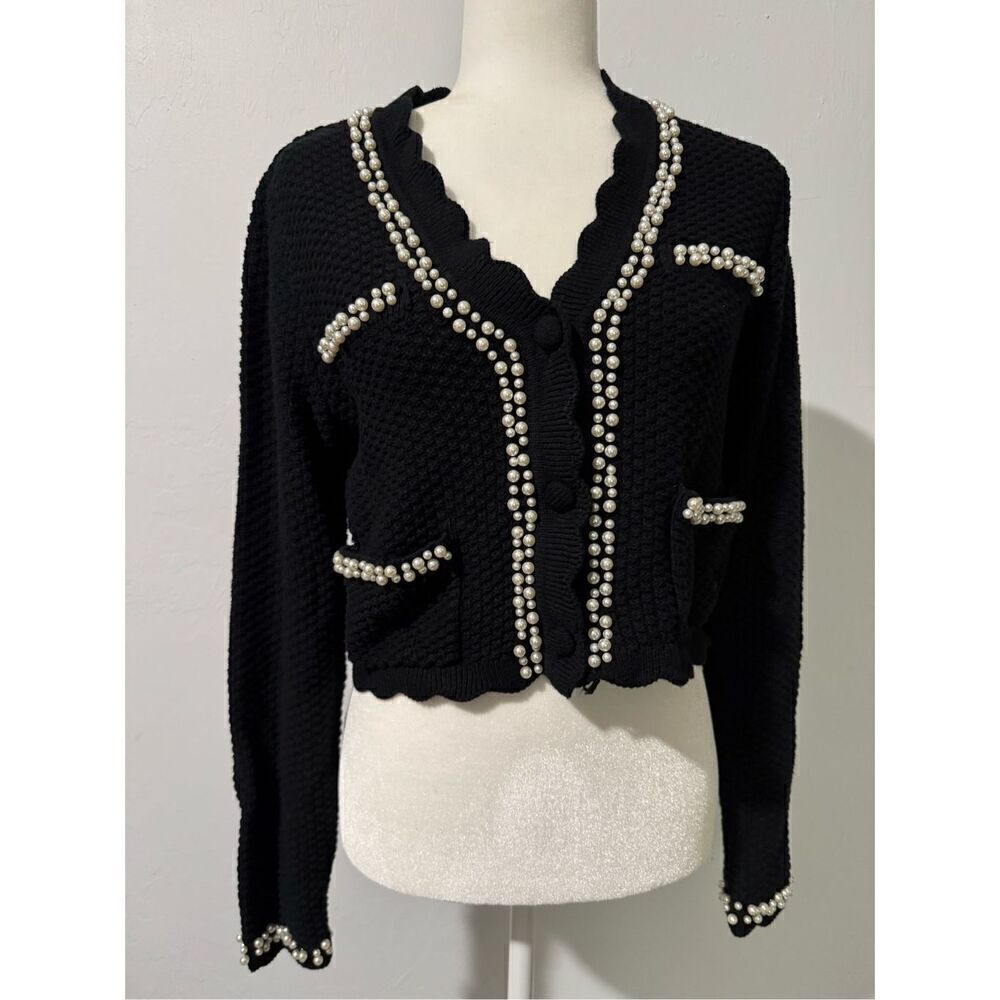House of Harlow black cardigan W/ pearls Embellishment Chic M